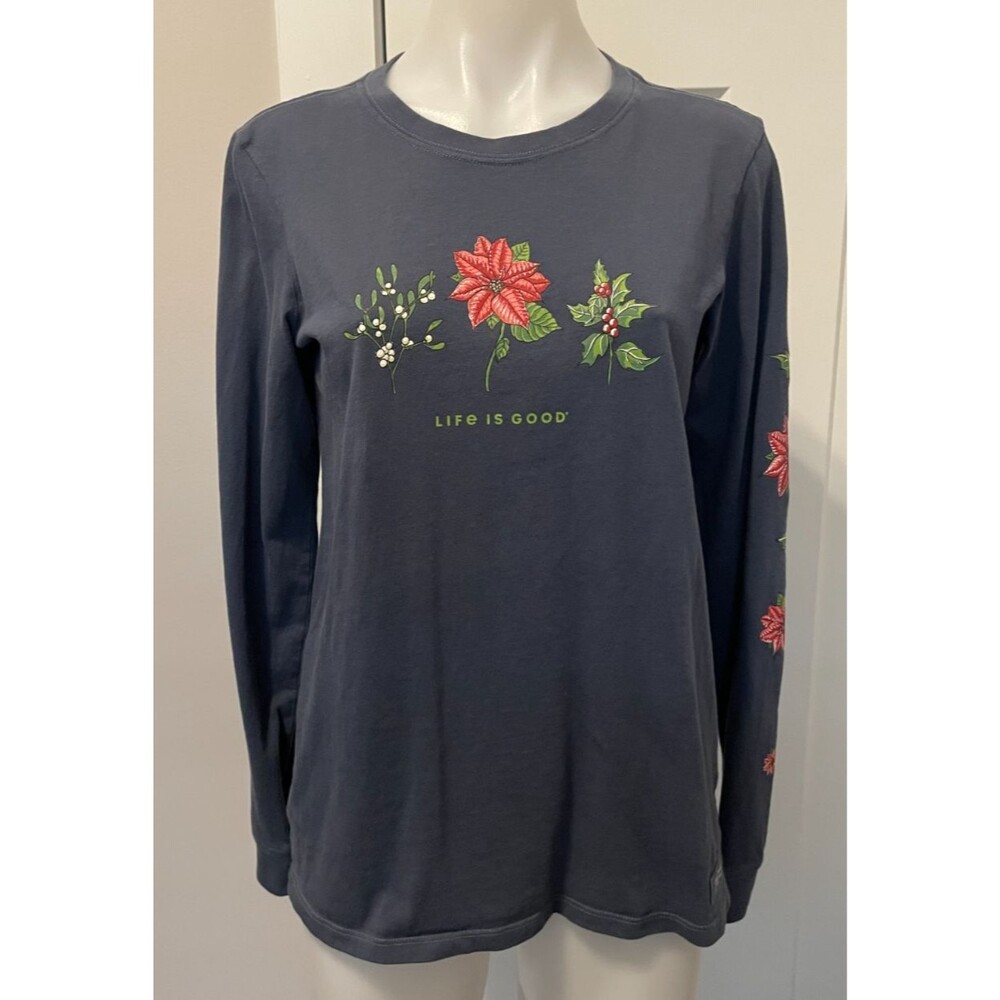 LIFE IS GOOD Womens Crusher T-SHIRT Long Sleeve BLUE Poinsettia Holly Size M